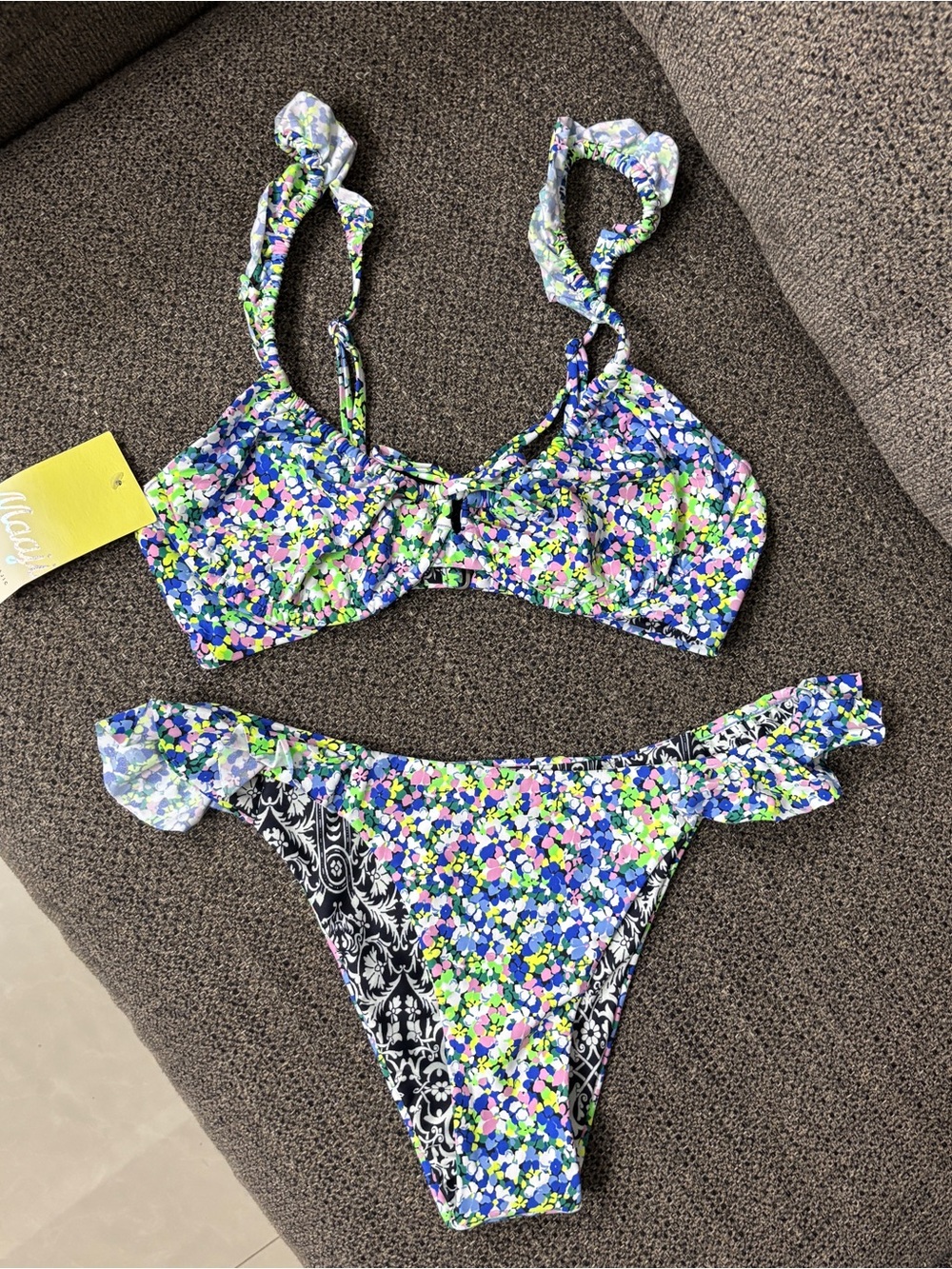 Maaji Floral Bikini - Blue, Green, Pink, Reversible, Ruffles Size L Two-Piece